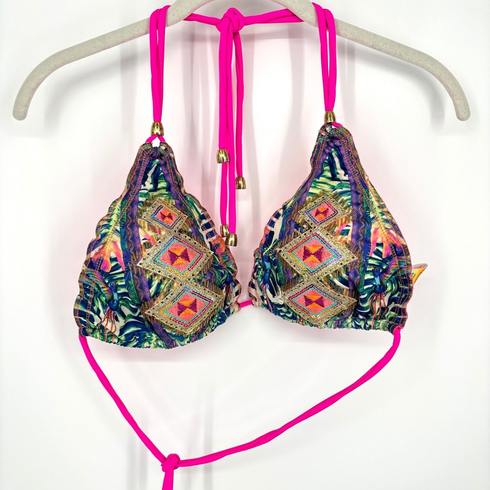 Lateen Swimwear Embroidered Beaded Triangle Bikini Top Pink Boho Tropical XL